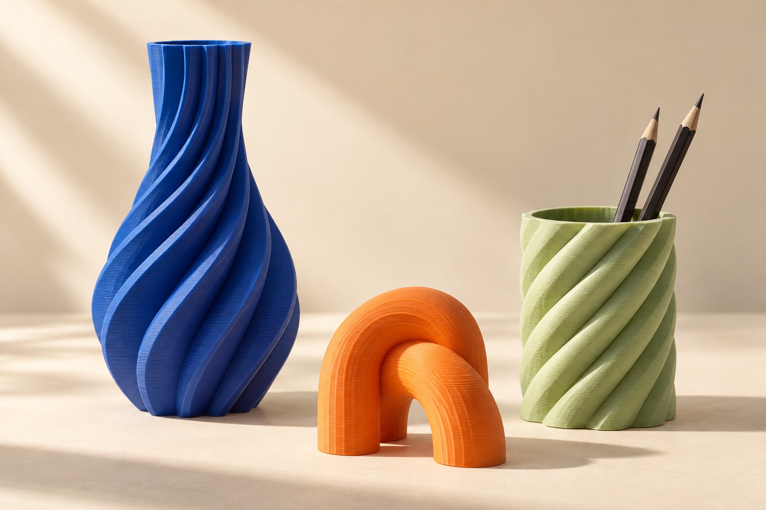 Three 3D printed design concepts: a cobalt blue twisted vase, a bright orange loop sculpture, and a pistachio green spiral pencil cup.